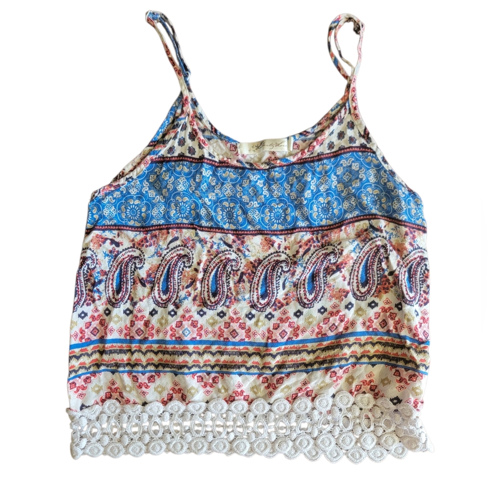 Liberty Love | Multicolored Paisley Design Top White Crochet Lace Hem Small